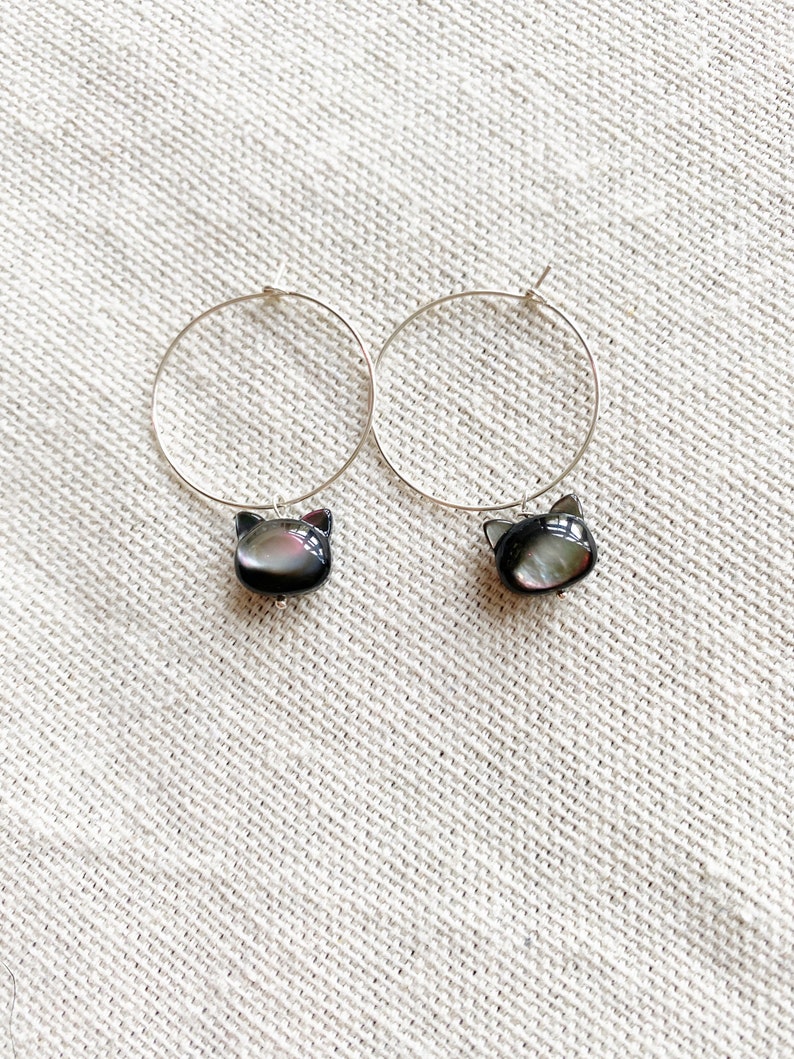 Gemstone Cat Head Earrings Sterling Silver Hoops Gift for Cat Lovers