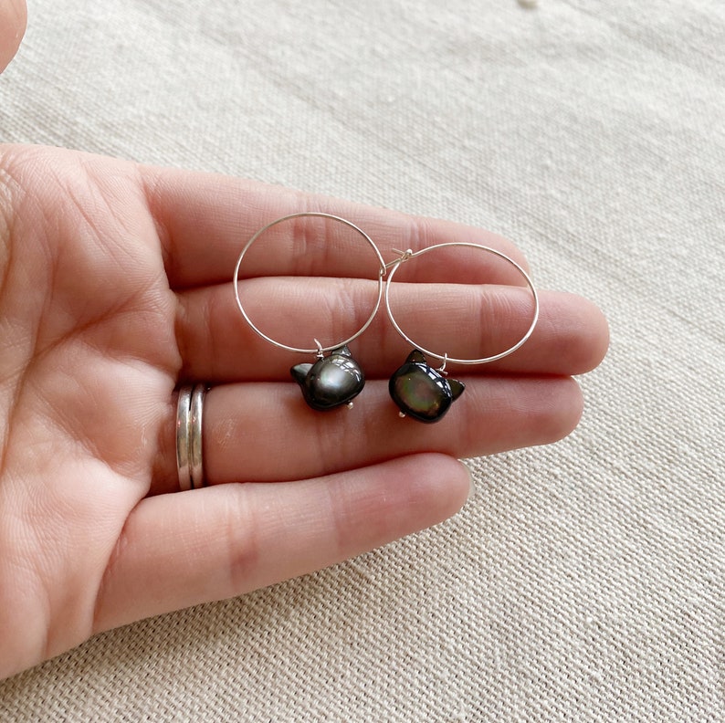Gemstone Cat Head Earrings Sterling Silver Hoops Gift for Cat Lovers