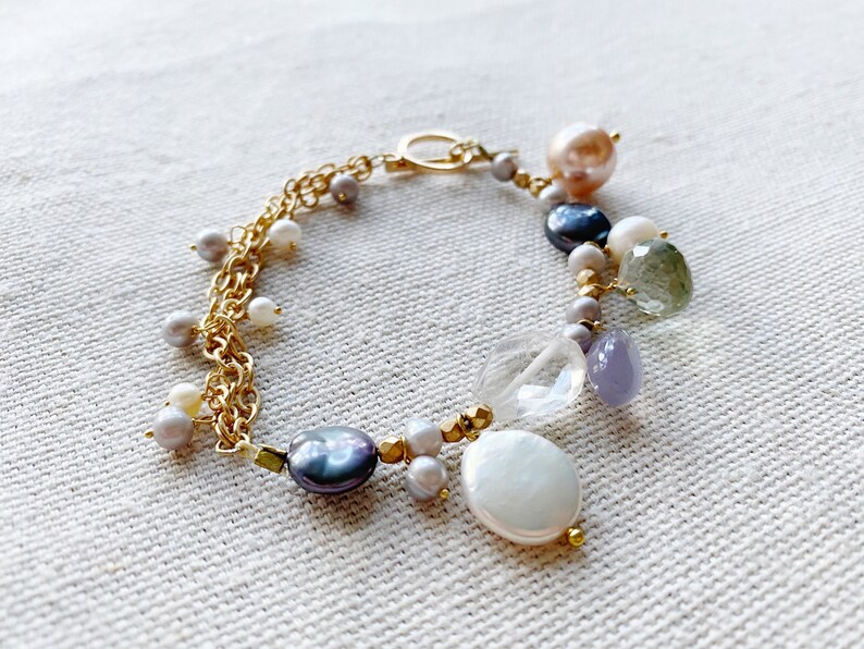 Lavender Chalcedony Gemstone Cluster Ametrine Bracelet with Freshwater Pearls