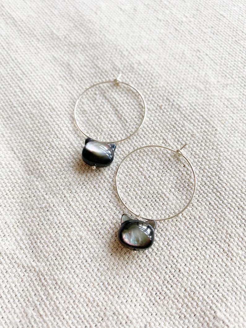 Gemstone Cat Head Earrings Sterling Silver Hoops Gift for Cat Lovers