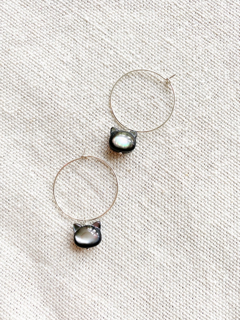 Gemstone Cat Head Earrings Sterling Silver Hoops Gift for Cat Lovers