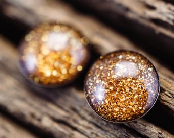 Small round mini ear studs •Galaxy• in gold bronze with shimmer and stainless steel