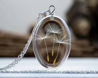 Oval dandelion necklace with real dandelions in transparent with stainless steel