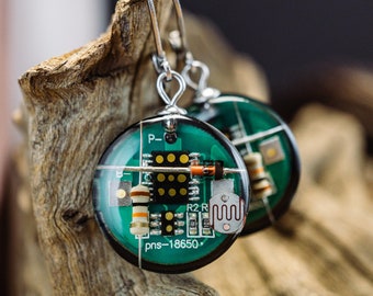 Green round computer circuit board technology earrings 20 mm with stainless steel