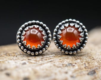 Small genuine silver stud earrings with orange carnelian, chalcedony stud earrings, red carnelian stud earrings, stud earrings with lace