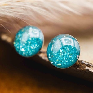 Small stud earrings turquoise blue with glitter made of stainless steel, turquoise earrings, small gift for her for Valentine&#39;s Day, Mother&#39;s Day, Christmas