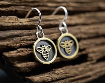 Golden Bee Earrings Sterling Silver and Brass, Shadow Box Picture Frame Dangle Earrings, Gift for Beekeepers, Short Earrings