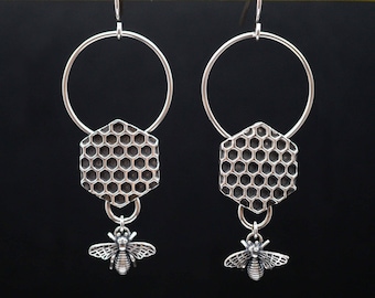 Honeycomb earrings made of real silver with carnelian chalcedony in orange red Honey drop earrings, bee jewelry