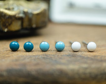 Small round mini stud earrings set •Sea Breeze• in turquoise tones - petrol, turquoise and white with stainless steel