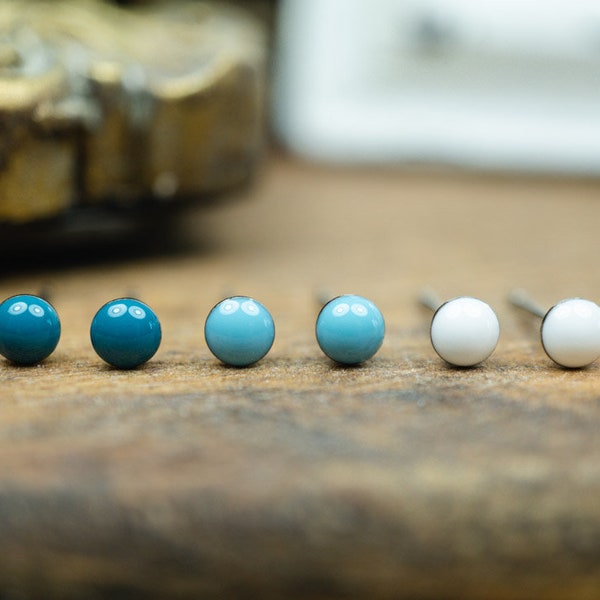 Small round mini stud earrings set •Sea Breeze• in turquoise tones - petrol, turquoise and white with stainless steel