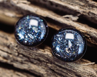 Small round mini ear studs •Galaxy• in black with shimmer and stainless steel