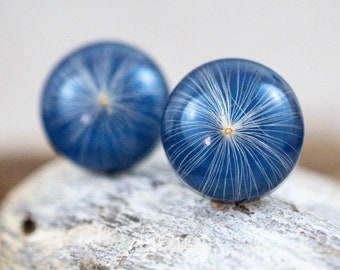 Round dandelion earrings in blue with real dandelion and stainless steel