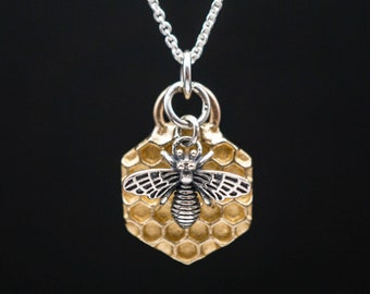 Golden bee honeycomb necklace, bronze and real silver, bee jewelry, silver bee necklace, honeycomb necklace, gift for beekeepers