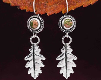 Short oak leaf earrings made of silver 925, unakite earrings, autumn earrings, oak leaf earrings real silver, natural jewelry gift