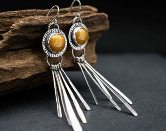 Long real silver earrings with yellow aventurine, tassel earrings, fringe earrings, aventurine jewelry, sun goddess earrings