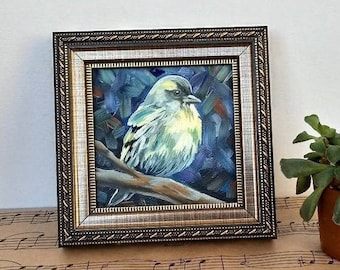 Wall art gift Impasto painting on Canvas Yellow-faced Siskin Bird oil painting on canvas Bird wall decor Bird portrait Bird picture