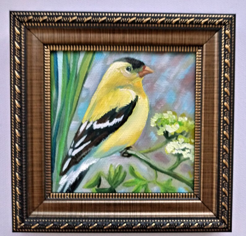 Wall art gift Impasto painting on Canvas Yellow-faced Siskin Bird oil painting on canvas Bird wall decor Bird portrait Bird picture