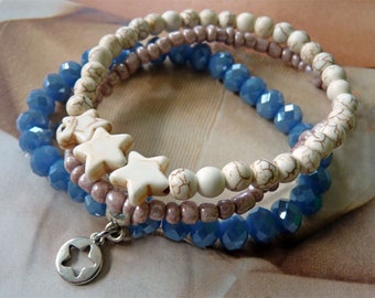 Trendiges Armbandset *PERLEN* blau-creme-taupe