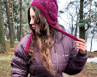 Cappello da adulto con paillettes magenta Cappello da berretto in maglia viola lucido Berretto invernale lucido con lacci