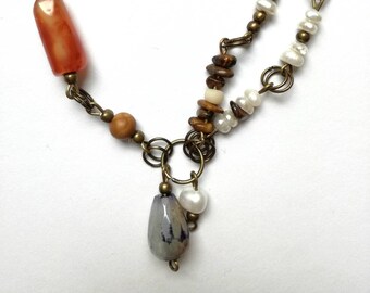 Pearl Dangle Bracelet: Roman Style Bronze Cuff with Gemstones