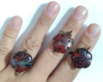 Adjustable Bronze Agate Ring: Red Flower Gemstone Statement Ring