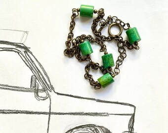 Green Howlite Bead Necklace: Bronze Chain Roman Style Collar