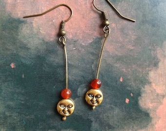 Moon Face Carnelian Earrings: Bronze Roman Style Dangle Gems