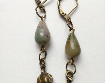 Bronze Garlic Charm Earrings: Green Agate Teardrop Dangle