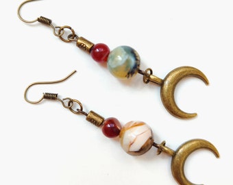 Crescent Moon Agate Earrings: Bronze Lunula Charms, Roman Style