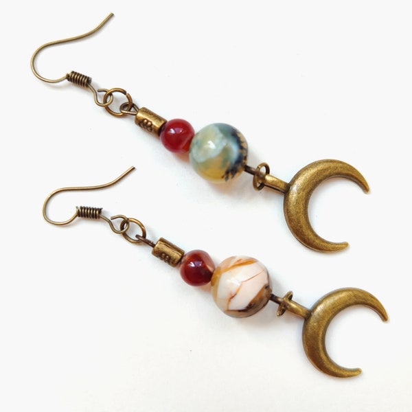 Crescent moon, long lunula earrings, yellow orange gemstones evil eye charms, history inspired, Roman magic, handmade jewelry, stone beads