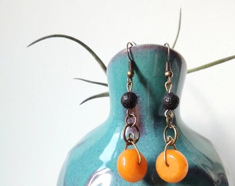Yellow Jade & Lava Dangle Earrings: Bronze Antiquity Style