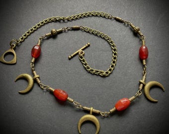 Lunula charm necklace, crescent moon charms, carnelian historical jewelry, evil eye amulet, ancient magic, Roman replica, artisanal made