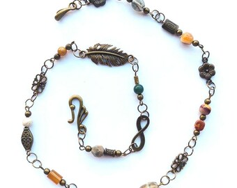 Gemstone Charm Necklace: bronze leaf and mixed gems, Roman style jewelry, handmade, unique design