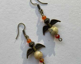 Agate Carnelian Wing Earrings, Bronze Tone, Goddess Nike Replica