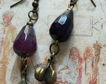 Purple Agate Earrings: Bronze Garlic Charm Dangle Jewelry