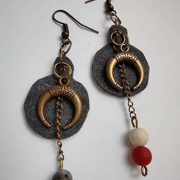 Crescent moon, long asymmetrical earrings, gems and leather, lunula charms, history inspired, Roman magic, handmade jewelry, stone beads