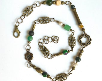 Handmade Green Gemstone Choker Necklace: Bronze Charms & Pearls