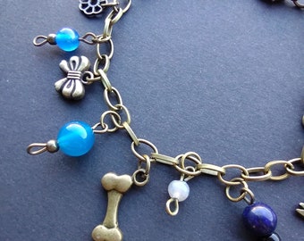 Roman Style Charm Bracelet: Blue Gems, Bronze Amulets