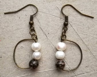 Handmade Roman Style Earrings: Pearl, Rhodochrosite & Bronze