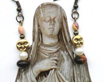 Handmade Roman Style Earrings: Golden Moon Face, Mixed Gems