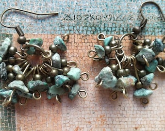 Howlite Gemstone Cluster Earrings: Bronze Dangle Jewelry