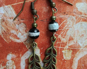 Agate Dangle Earrings: Bronze Leaf Charm, Handmade Jewelry