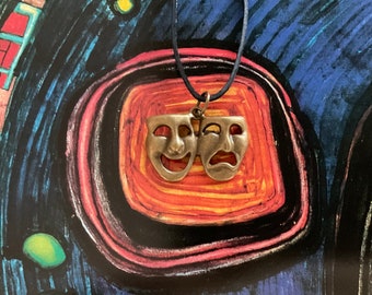 Theatre Mask Pendant: Bronze Comedy Tragedy Charm, Long Leather Necklace