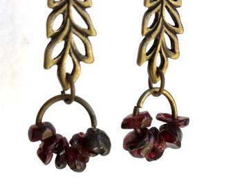 Garnet Chip Dangle Earrings: Bronze Leaf Charm, January Birthstone