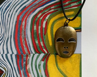 Bronze Theatre Mask Pendant: Unisex Medallion Necklace