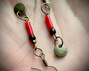 Handmade Red Coral Dangle Earrings: Black Glass Beads, Bronze Charms