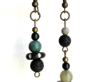 Asymmetrical Dangle Earrings: Gemstone, Lava Stone & Bone - Handmade