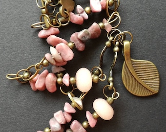 Handmade Pink Jade Necklace: Rhodonite & Bronze Leaf Pendant