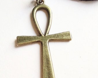 Bronze Ankh Pendant: Egyptian Amulet on Black Leather Cord