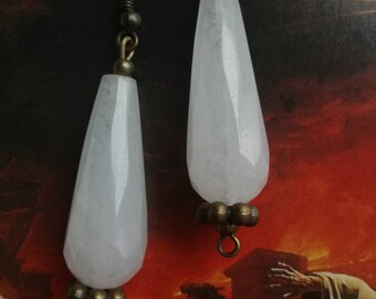 Teardrop White Jade Earrings: Bronze Dangle Gemstone Jewelry